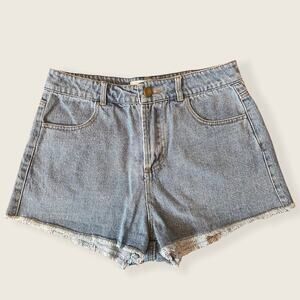 High Rise Waist Denim Jean Short Shorts Raw Fringe Hem Medium Wash Small